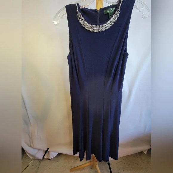 Lauren Ralph Lauren Navy Blue Dress Size  4 Beaded Fit and Flare - Picture 3 of 7